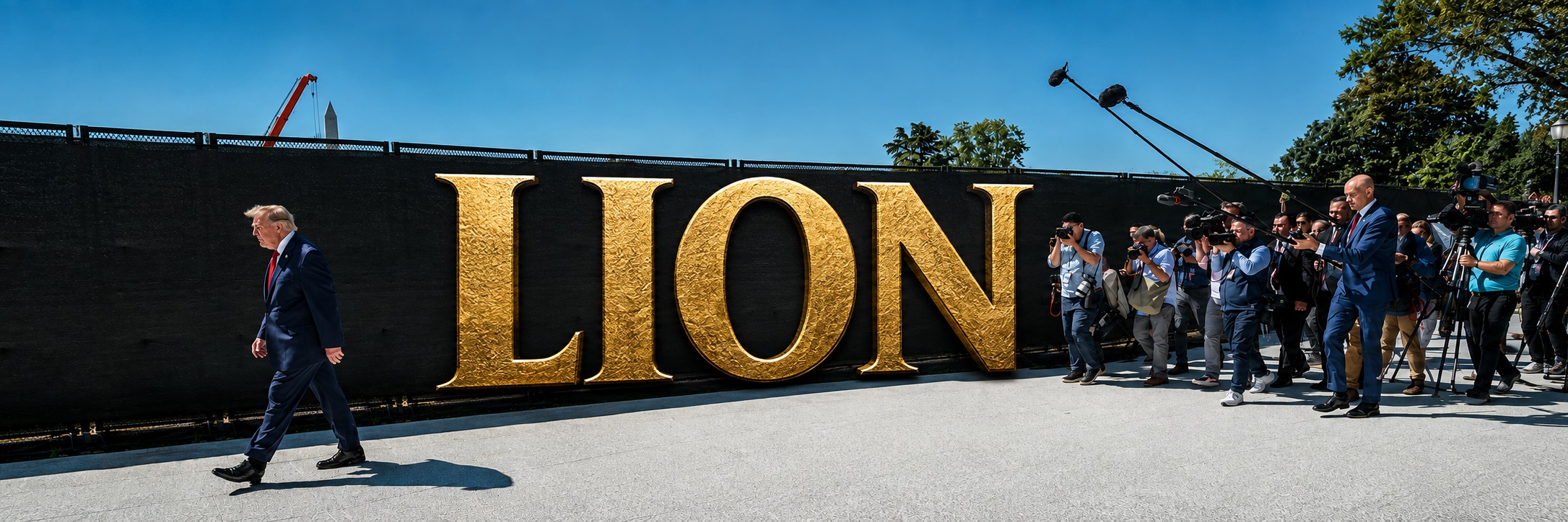 Donald Trump walking past gold LION letters while the press pack follows
